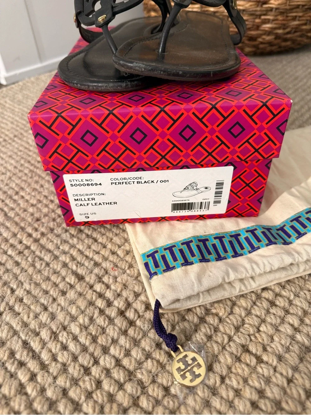 Tory Burch Black Leather Logo Thong Sandals